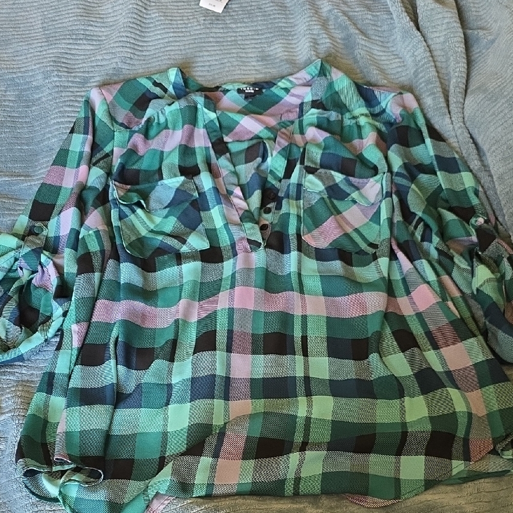 Plaid Button-Up Blouse - Green and Pink